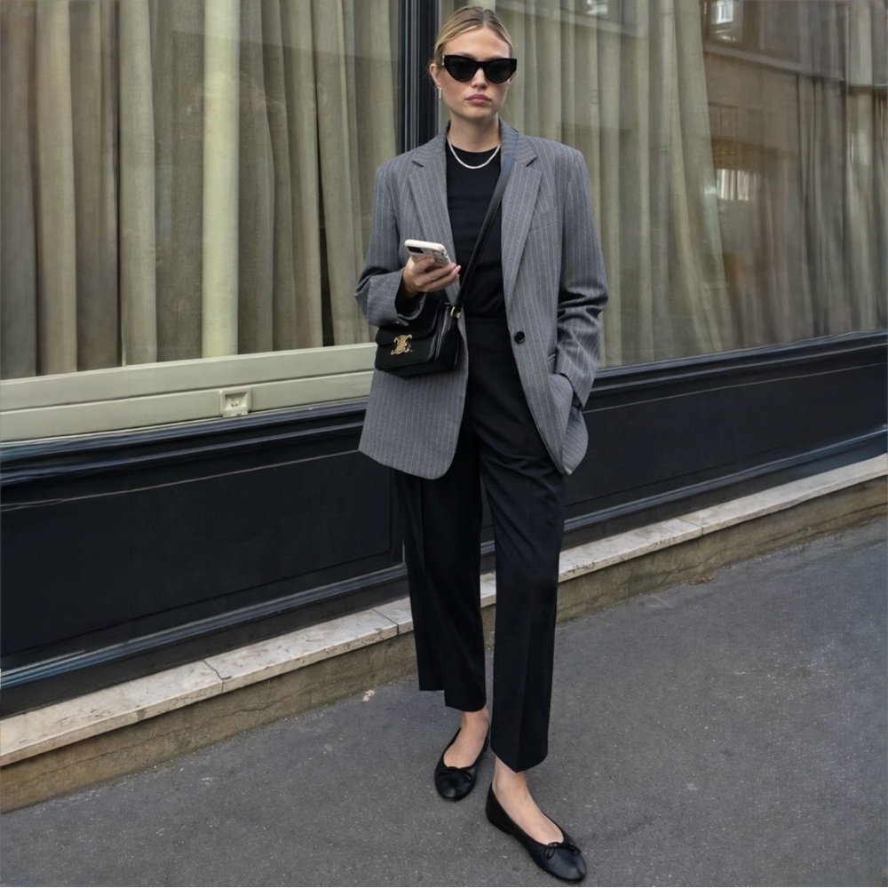 H&M Gray Pinstripe Tailored Blazer Single Button Office Chic Size 6 | EUR 36